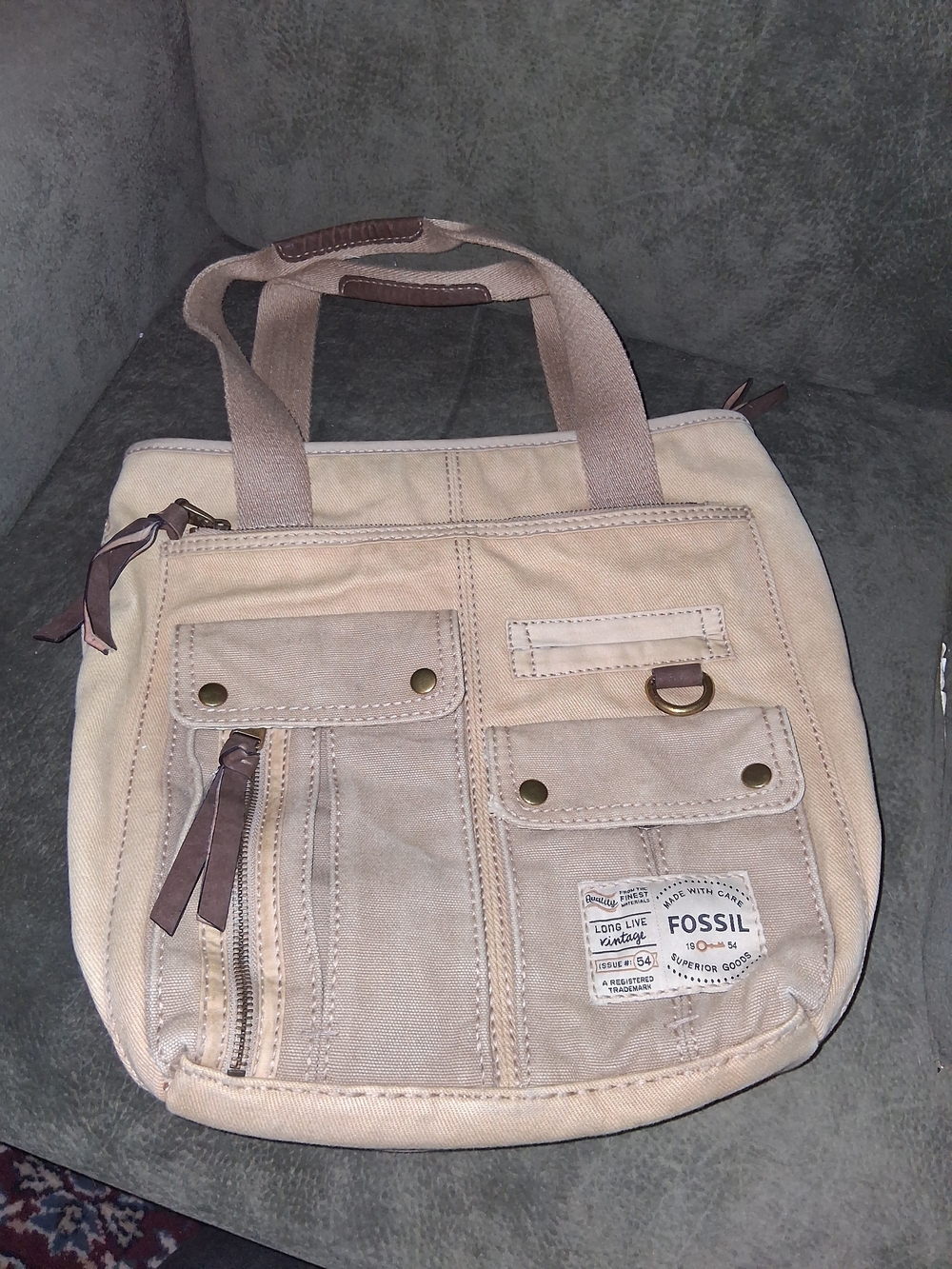 Fossil Beige Canvas Shoulder Tote with Front Pockets